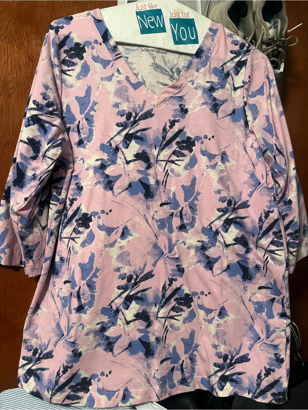 Woman Within Pink and Blue Floral V-Neck Long Sleeve Tunic
